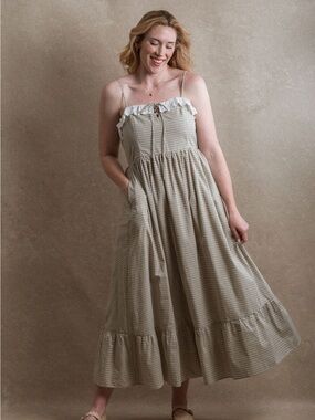 Neuflora Carolina Dress NWT | Gingham Ruffle-Trim Midi Dress in Cream & Sage